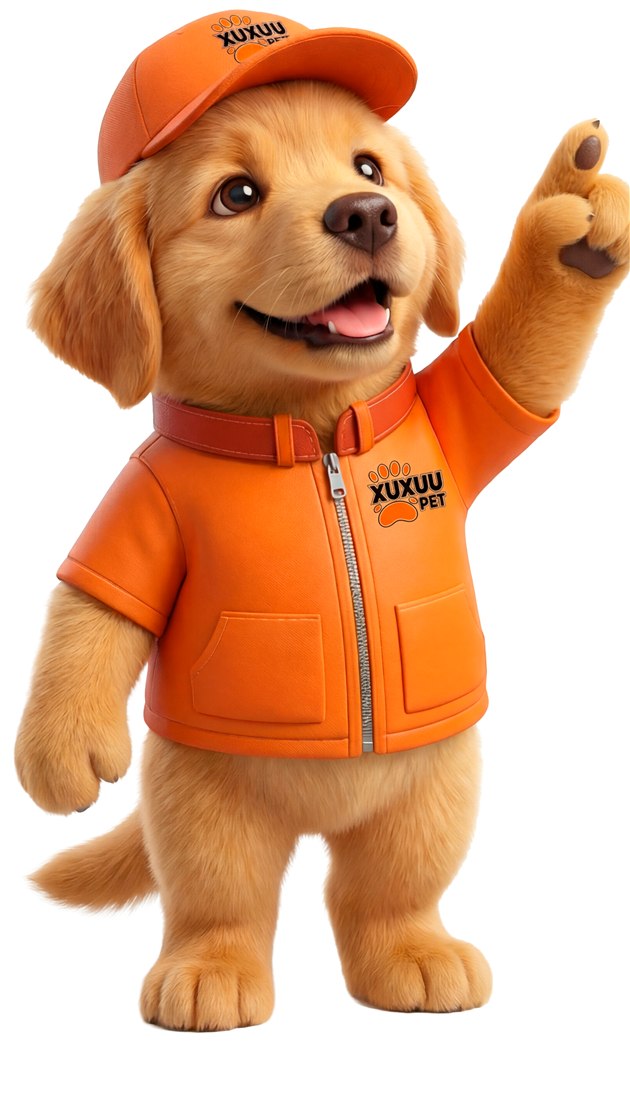 Mascote cachorro da Xuxuu Pet com uniforme laranja
